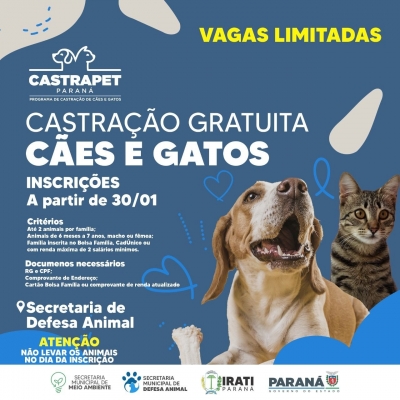 Irati terá castração gratuita de cães e gatos em março