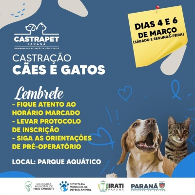 Programa CastraPet acontece no sábado (04) e segunda-feira (06) em Irati